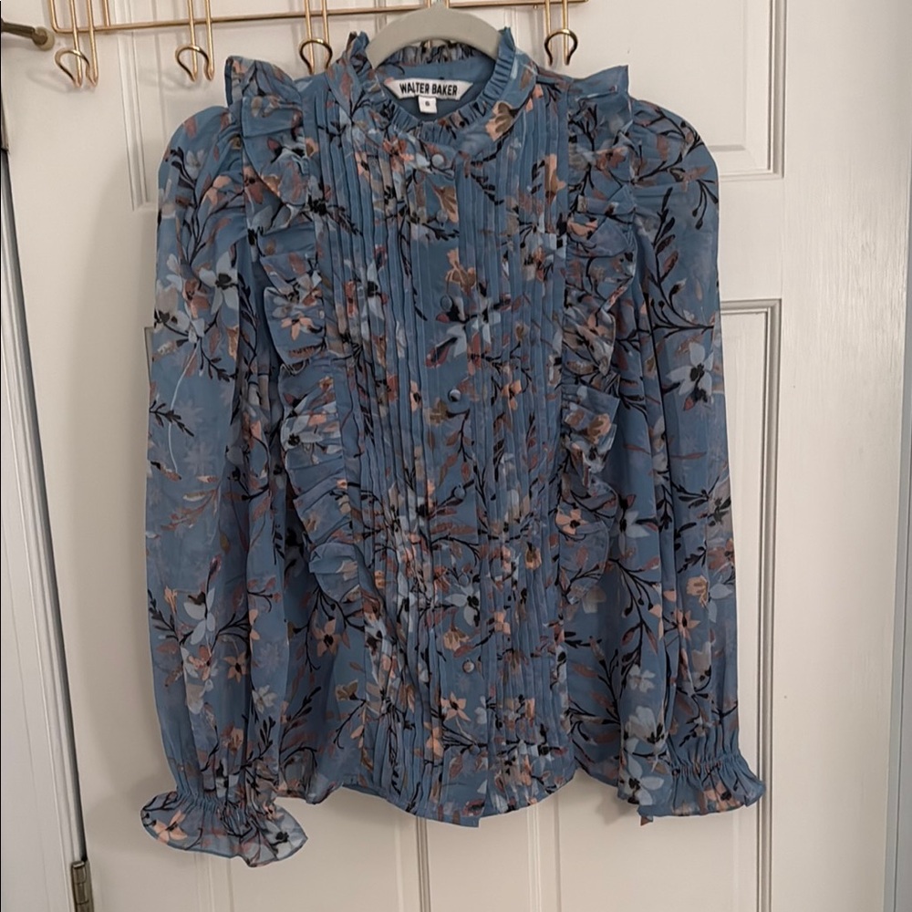 Walter Baker Floral Ruffle Blouse in Blue and Pink